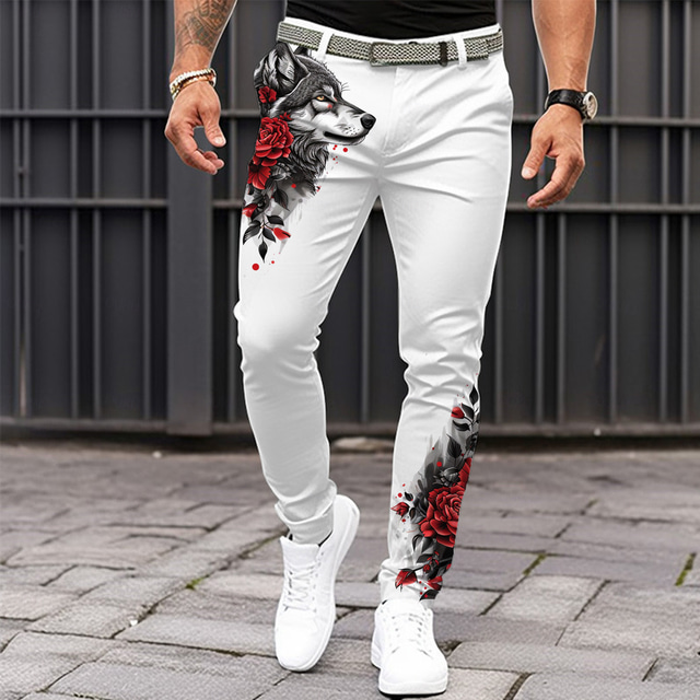  Men's Wolf Dress Pants Mid Waist Casual Formal Dailywear Zipper Pocket Summer Spring Fall 3D Print White