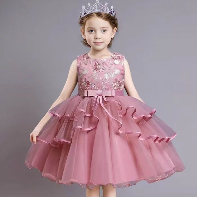  Kids Girls' Party Dress Graphic Flower Sleeveless Special Occasion Princess Polyester Party Dress Summer Spring 4 years+ Multicolor Champagne Pink