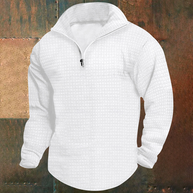  Men's Waffle Sweatshirt Sweatshirt Quarter Zip Sweatshirt Black White Wine Army Green Khaki Half Zip Plain Quarter Zip Christmas Daily Holiday non-printing Streetwear Casual Fall Winter Clothing