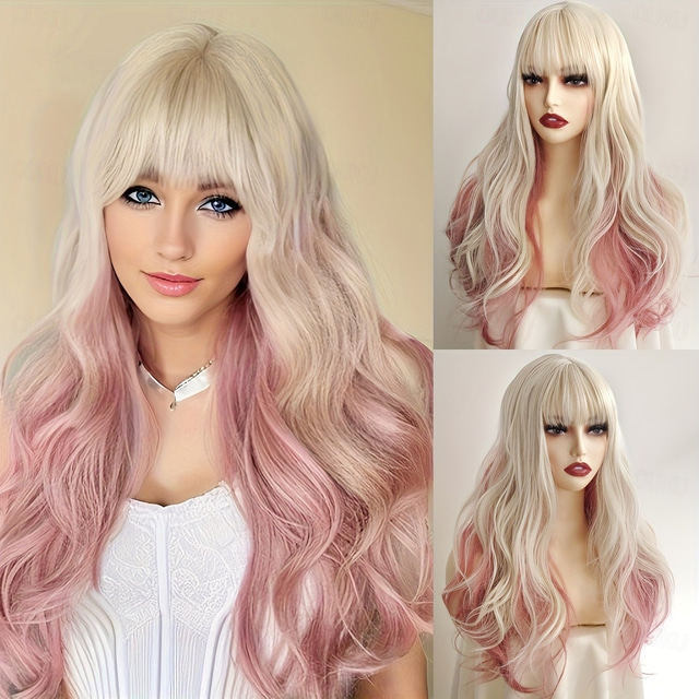  elegant lang bølget blond/rosa parykk med smell for kvinner - perfekt for cosplay  & parter syntetisk fiber