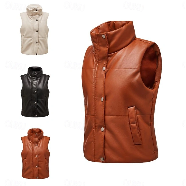 Autumn and winter women's leather vest sleeveless padded zipper padded