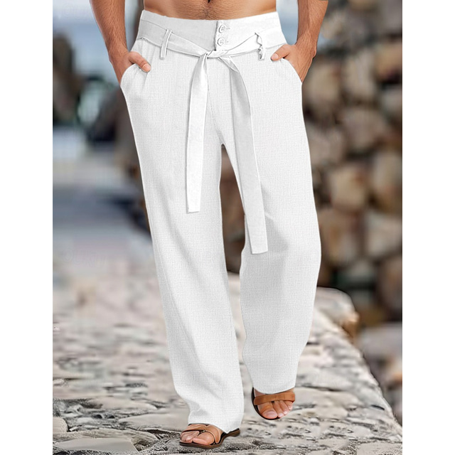  Men's Linen Pants Trousers Summer Pants With Belt Front Pocket Straight Leg Plain Comfort Breathable Full Length Casual Daily Holiday Fashion Basic Black White Inelastic