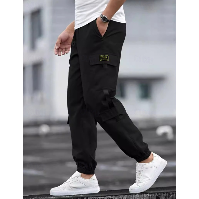  Men's Cargo Pants Joggers Trousers Casual Pants Drawstring Elastic Waist Multi Pocket Plain Comfort Soft Full Length Outdoor Daily Going out Fashion Streetwear Black Blue Micro-elastic