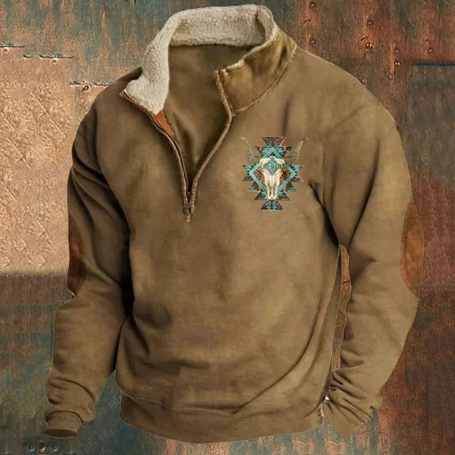 Homens Moletom Moletom com zíper Preto Azul Marinha Marron Cinzento Meio Zíper Bloco de cor Tribal Patchwork Desportos e Ar livre Diário Feriado Vintage Básico Étnico Outono & inverno Roupa Moletons
