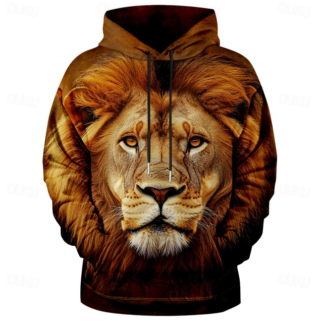  Herr Lejon Huvtröja Huvtröjor Tröja Huvtröja Långärmad Huvtröja Huva Dagligen 3D-tryck Utomhussport Semester Streetwear Brun Mönster Framficka Vår & Höst Designer
