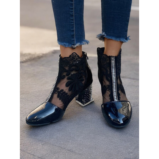  Women's Black Patent Faux Leather Lace Ankle Boots with Rhinestones and Crystal Block Heels – Elegant Boots for Evening and Party Wear