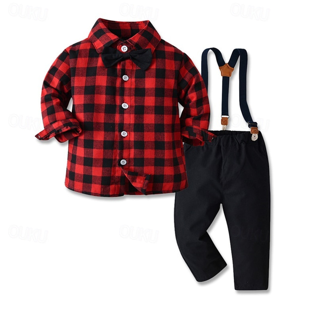  2 Pieces Ring Bearer Suit Kid's Unisex Kids Shirt & Pants T-shirt & Legging Formal Party Daily Basic Gentle Plaid Wine Red Cotton