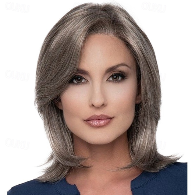 Short Drak Gray Straight Wigs for Women Natural Layered Curly Bob Wigs