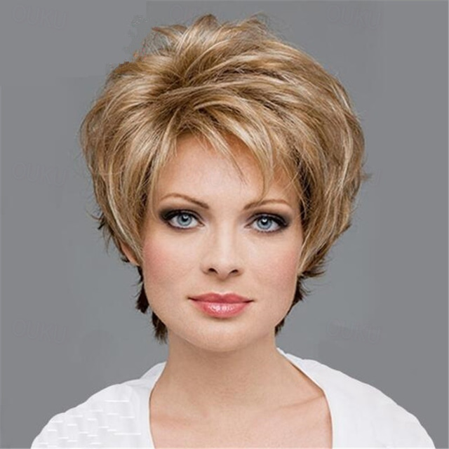  vrstvené krátké blond pixie paruky pro bílé ženy blond paruka pixie střihu s ofinou syntetická přirozeně vypadající denní párty paruka