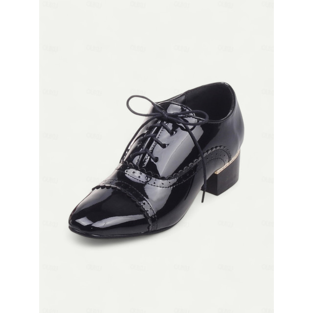  Women's Patent Leather Oxford Heels with Brogue Detailing – Burgundy Lace-Up Dress Shoes with Decorative Heel for Formal Events