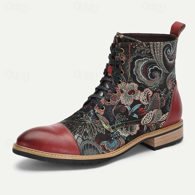  Men's Premium Cowhide Leather Floral Pattern Jacquard fabric Lace-Up Boots – Vintage Red and Black Fashion Ankle Boots for Casual and Special Occasions