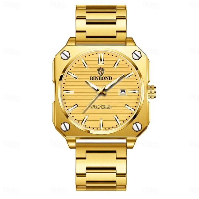  BINBOND Men Quartz Watch Luxury Large Dial Fashion Business Luminous Calendar Waterproof Stainless Steel Strap Watch