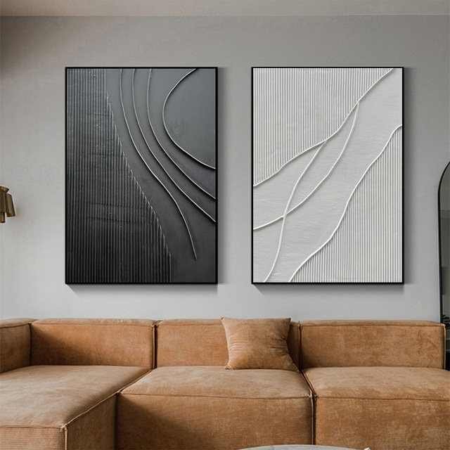  Black White Modern Minimalist Wall Art Modern Minimalist Art Black 3D Texture Painting Abstract Painting Home Wall Decor Stretched Frame Ready to Hang