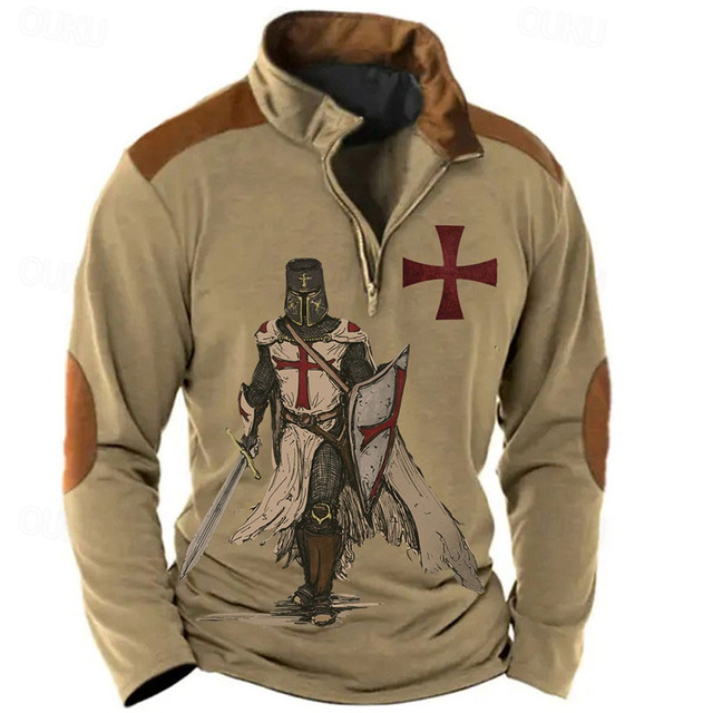  Homme Chevaliers templiers Sweats Sweat-shirt quart de fermeture éclair manche longue Sweat à capuche Quarter Zip Millésime Rétro 3D effet Jour du souvenir Bleu Marron Imprimer Printemps & Automne