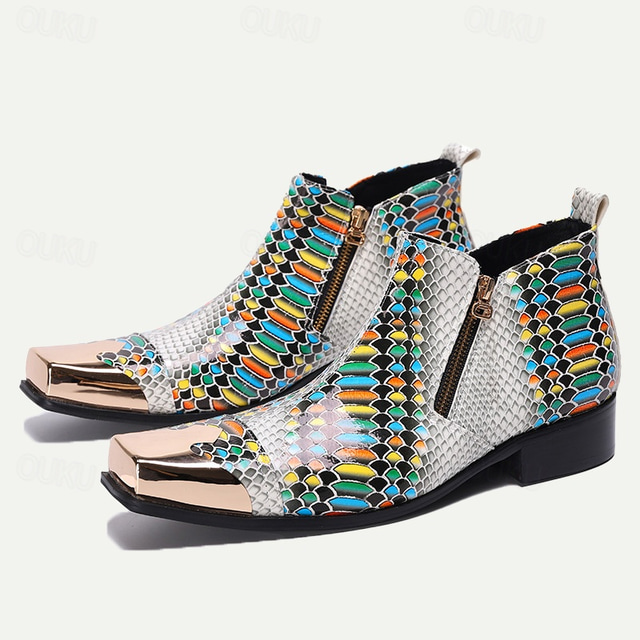  Men's Exotic Snake Print Leather Ankle Boots– Premium Cowhide, Multicolored Fashion Statement with Gold Tip Gold-Tipped Toes and Side Zipper Closure