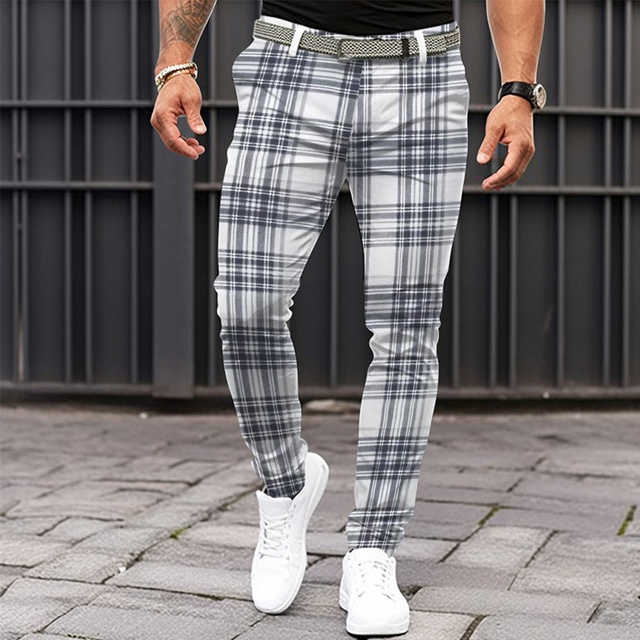  Men's Plaid Dress Pants Mid Waist Business Casual Formal Dailywear Zipper Pocket Summer Spring Fall 3D Print Black Gray