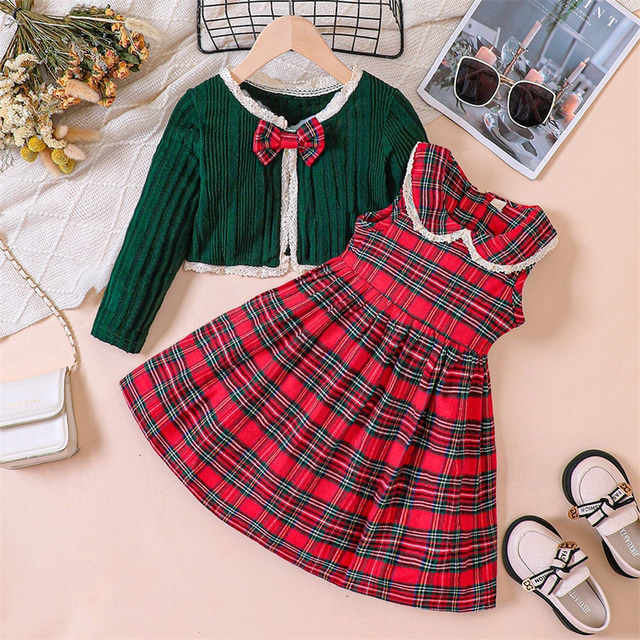  Enfants Fille Robe Plaid Emoji manche longue Extérieur Soirée Noeud de cravate Adorable Magnifique Polyester Midi Robe casual Robe Ensemble Robe Débardeur Printemps Automne 4 ans et + Rouge