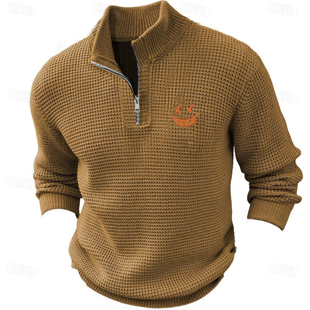  Men's Pullover Sweater Jumper Zip Sweater Polo Sweater Zip Collar Retro Vintage Casual Party Evening Wear Daily Embroidered Knitting Warm Long Sleeve Fall Winter Black Army Green Brown
