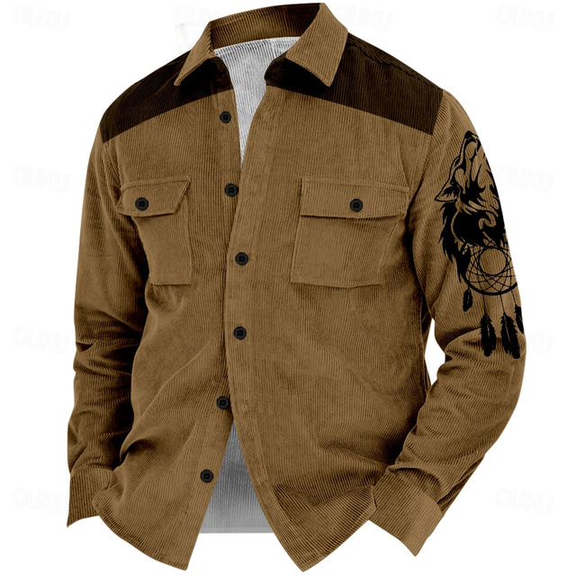  Men's Wolf Cowboy Corduroy Shirt Shirt Jacket Overshirt Long Sleeve Vintage Tribal Outdoor Dailywear Fall & Winter Turndown Collared Shirts Buttons 3D Print 2 Pockets 1pc Brown