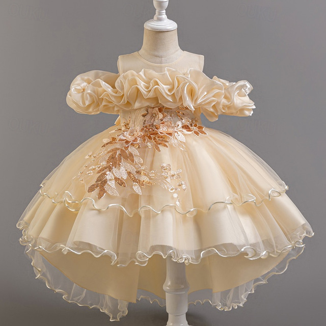  Kinderen Voor meisjes Feestjurk Bloemig Bloem Korte mouw Bruiloft Speciale gelegenheden  Met ruches Vetoketju Mooi Zoet Katoen Polyester Asymmetrisch Feestjurk Zomer Lente Herfst 4-13 jaar Wit