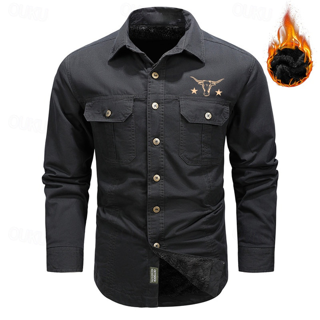  Men's Cow Print Work Shirt Western Shirt Cargo Shirt Long Sleeve Casual Sports & Outdoor Going out Fall Winter Turndown Print Black Army Green Khaki