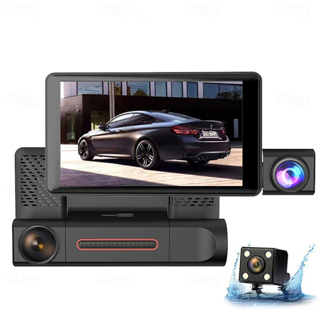  HD Car Dash Camera 3 Cameras 4 Inch LCD Backlit Display 360 Degree Rotatable 170 Degree Wide Angle Night Vision Auto Storage 1080P Car DVR