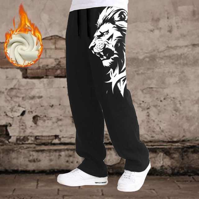  Voor heren Leeuw Jogger Fleece joggingbroek Trekkoord elastische taille Casual Buiten Straat Dagelijks gebruik Zak Broek met rechte pijpen Warmte-isolerend Winter 3D-afdrukken Zwart
