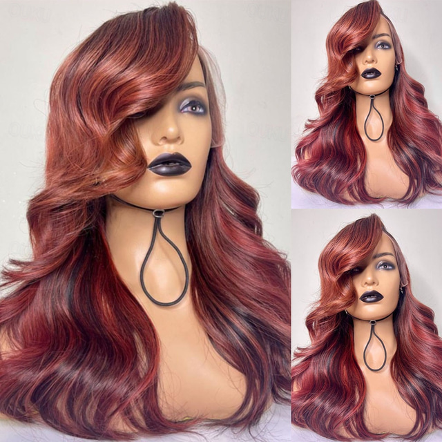  Human Hair 13x4 Lace Front Wig Side Part Brazilian Hair Body Wave Burgundy Wig 130% 150% Density Highlighted / Balayage Hair Natural Hairline 100% Virgin Glueless Pre-Plucked For Women Long Human