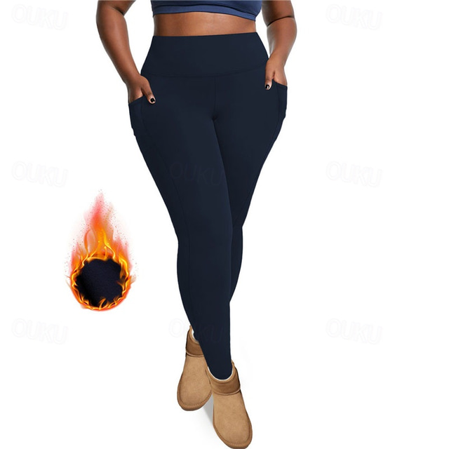  Women's Yoga Pants Yoga Leggings Fleece Lined Leggings with Phone Pocket High Waist Yoga Gym Workout Pilates Tights Dark Grey Black Burgundy Fleece Spandex Fall Winter Plus Size Sports Activewear