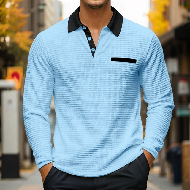  Per uomo Magliette Polo a Nido d'Ape Testurizzato Formale Affari Colletto Polo a Coste Manica Lunga Moda Tinta unica Tasca Bottoni Primavera & Autunno Blu chiaro Bianco Grigio Magliette Polo a Nido
