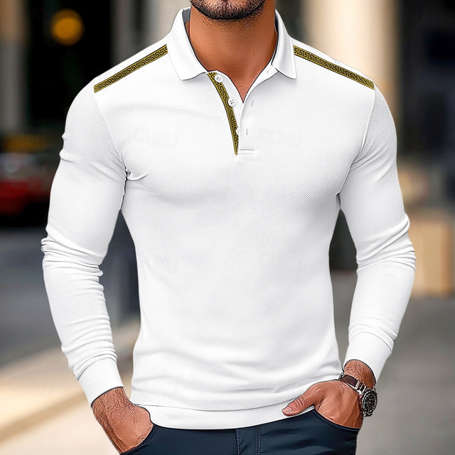  Men's Polo Shirt Golf Polo Street Business Turndown Ribbed Polo Collar Long Sleeve Fashion Basic Solid Color Patchwork Fall Winter Cross-Seasons Regular Fit Black White Yellow Burgundy Polo Shirt