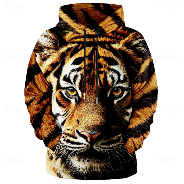  Herr Tiger Huvtröja Huvtröjor Tröja Huvtröja Långärmad Huvtröja Huva Dagligen 3D-tryck Utomhussport Semester Streetwear Orange Mönster Framficka Vår & Höst Designer