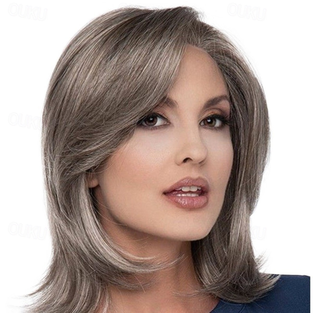 Short Drak Gray Straight Wigs for Women Natural Layered Curly Bob Wigs