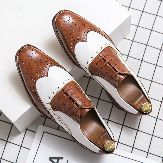  Ανδρικά καφέ και λευκά παπούτσια θεατών Oxford brogue με wingtip, vintage γνήσια δερμάτινα παπούτσια εμπνευσμένα από το Gatsby για πάρτι, γάμους και επίσημες εκδηλώσεις της δεκαετίας του 1920