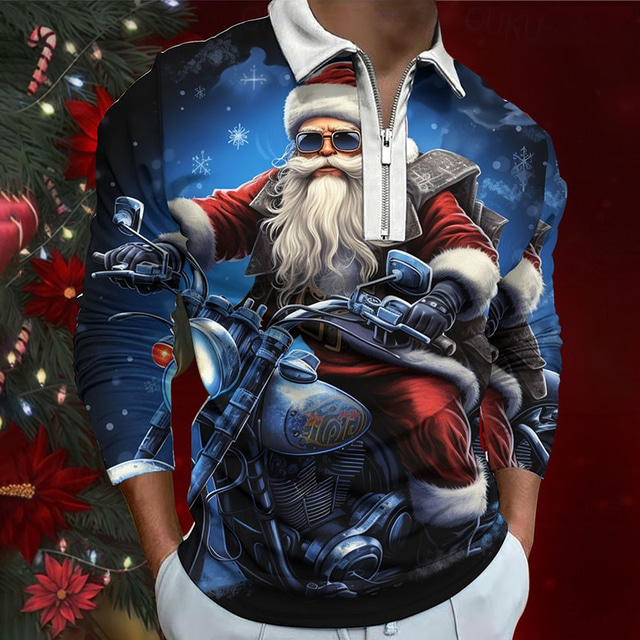  Christmas Men's Santa Claus 3D Zipper Polo Santa Claus Abstract Zip Golf Long Sleeve Outdoor Casual Daily Streetwear Fall & Winter 3D Print Turndown Zip Navy Blue Blue Ink Blue Polyester