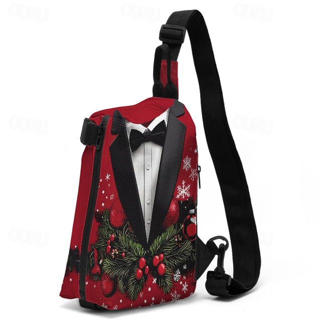  Christmas-Themed Crossbody Sling Bag with Tuxedo and Holiday Wreath Print – Festive and Unique Shoulder Bag for Holiday Parties and Travel