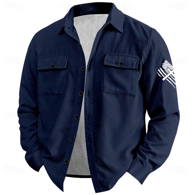  Christmas Men's American US Flag Patriotic Corduroy Shirt Shirt Jacket Overshirt Long Sleeve Vintage Fashion Casual Outdoor Dailywear Holiday Fall & Winter Turndown Collared Shirts Buttons 3D Print 2