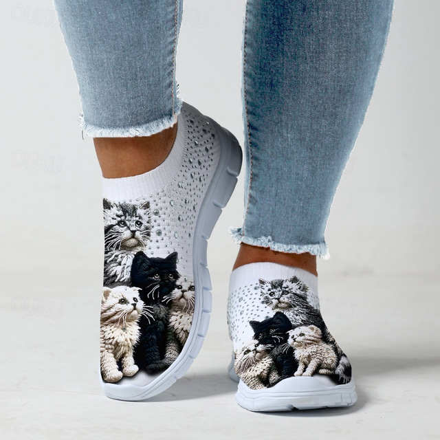  Women's Cute Cat Print Sneakers – Cozy Slip-On Shoes with Adorable Kitten Design for Everyday Casual Wear