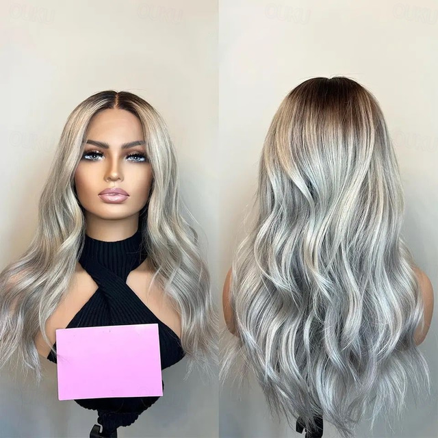  Echthaar 5x5 Verschluss 13x4 Spitzenfront Perücke Mittelteil Brasilianisches Haar Wellen Dunkelgrau Perücke 130% 150% Haardichte mit Babyhaar Gefärbte Haarspitzen (Ombré Hair) Natürlicher Haaransatz