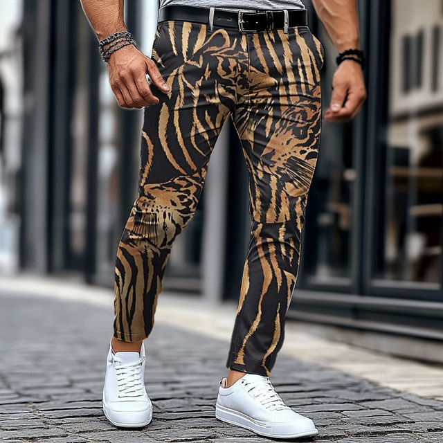  Homme Peau de tigre pantalon de costume Taille médiale Vêtement décontracté Formel Extérieur Plein Air Zippé Poche Eté Printemps Automne 3D effet Marron
