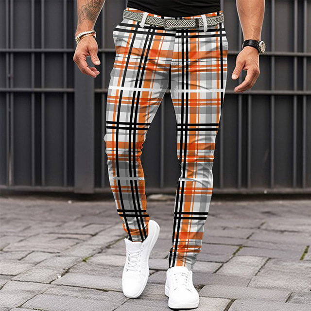  Herr Rutig Kostymbyxor Medium Midja Business Casual Formell Utomhus Vardag Dragkedja Ficka Sommar Vår Höst 3D-tryck Orange