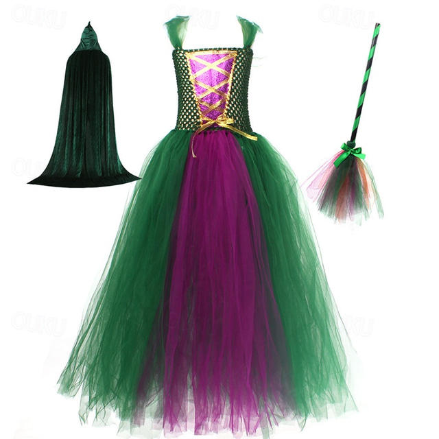  Infantil Para Meninas Vestido Cosplay Vestido de festa Bloco de cor Sem Manga Espetáculo festa de Halloween Com Transparência Patchwork Lindo Doce Poliéster Longo Vestido de festa Vestido A Line
