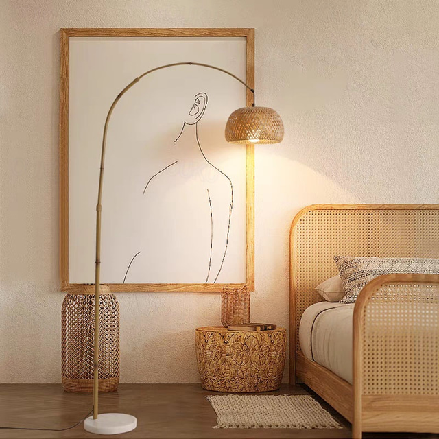  Floor Lamp Bedside Floor Lamp Bamboo Style Standing Light with Arc Arm in Wood Wabi-Sabi Style Floor Lamp