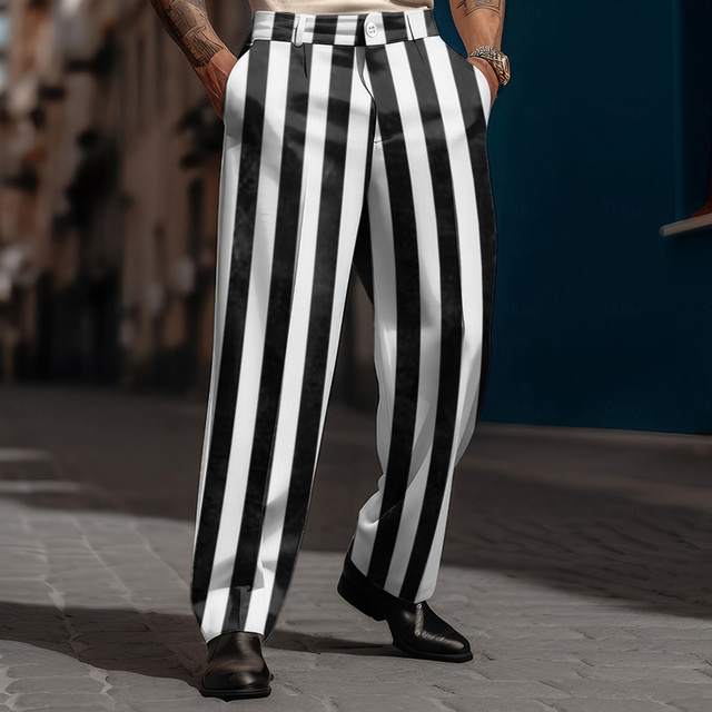  Men's Striped Dress Pants Mid Waist Business Casual Formal Dailywear Zipper Pocket Summer Spring Fall 3D Print Black