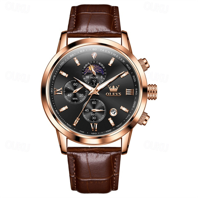  New Olevs Olevs Brand Hand Men'S Belt Business Watch Luminous Moon Phase Chronograph Calendar Multifunctional Sports Watch Simple Waterproof Leisure Men'S Wristwatch
