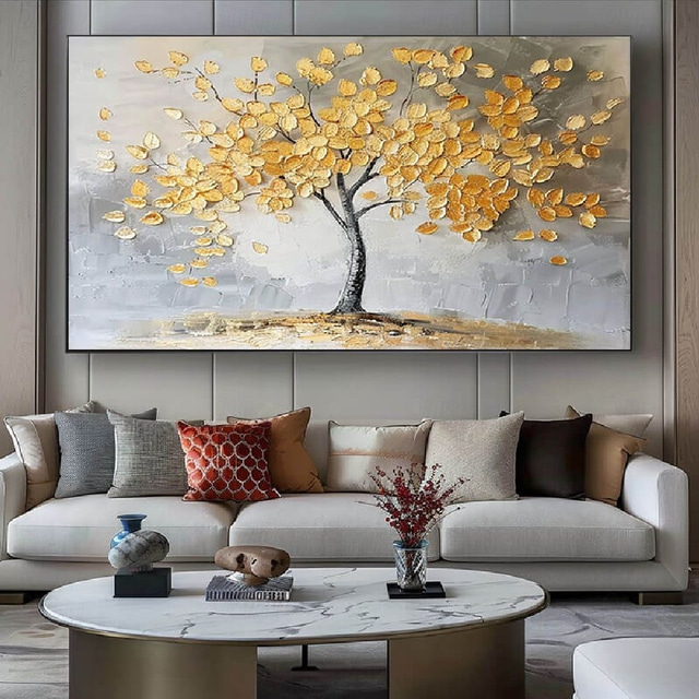  Large 100% hand painted Golden Tree Oil Painting on Canvas gold Flower Tree Oil Painting Large Abstract Textured Gold Yellow Life Tree Wall Art Custom Modern Trendy Living Room Decor