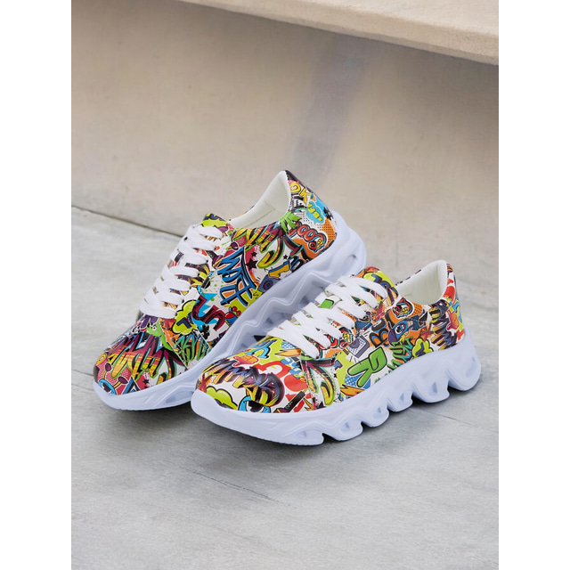  Women's Colorful Graphic Print Sneakers – Trendy Lightweight Lace-Up Athletic Shoes with Cushioned Sole