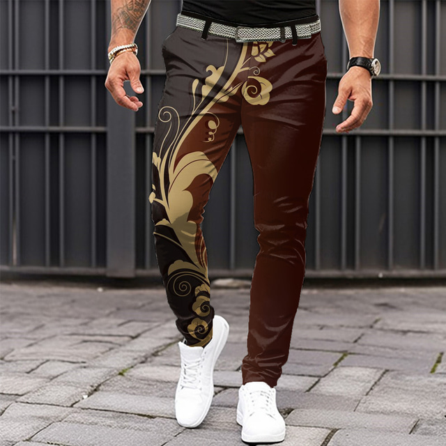  Men's Floral Dress Pants Mid Waist Vintage Casual Outdoor Home Dailywear Zipper Pocket Summer Spring Fall 3D Print Brown