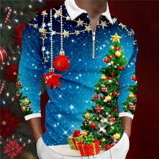  Christmas Men's Christmas tree 3D Zipper Polo Tree Casual Zip Golf Long Sleeve Outdoor Casual Daily Streetwear Fall & Winter 3D Print Turndown Zip Blue Polyester