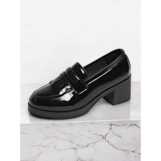  Women's Vintage Patent Leather Loafers with Fringe Detail and Block Heel – Comfortable Casual Shoes for Daily Wear